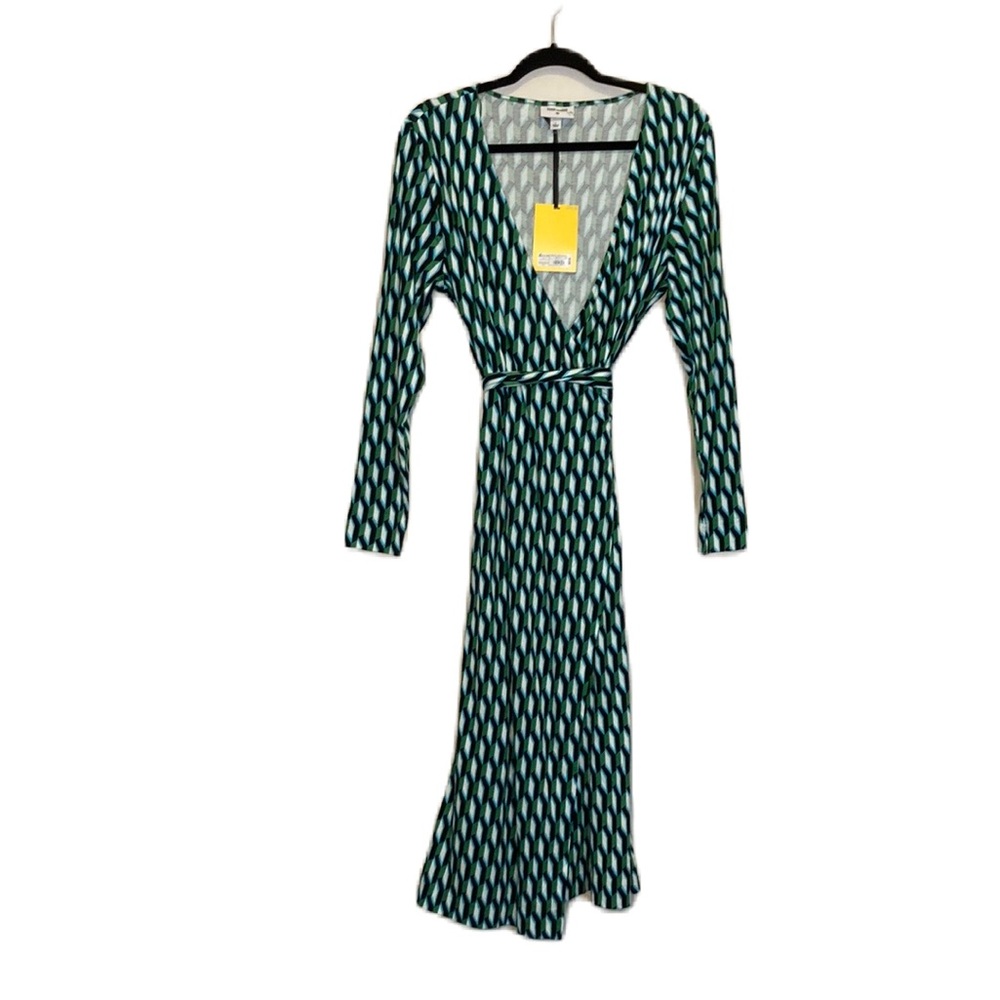 Diane Von Furstenberg Teal Green Black Geometric Wrap Dress